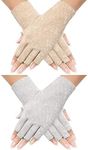 2 Pairs Women Sunblock Fingerless Gloves Non Skid Summer Gloves UV Protection Driving Gloves, Grey, Khaki, Medium