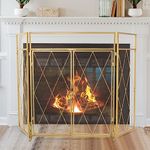 POWLAB Double Door Fireplace Screen 50 x 32Inch Large 3 Panel Foldable Wrought Iron Free Standing Fireplace Screen Rustic Modern Mesh Furnace Fireguards Outdoor Iron Protector Fireplace Cover-Gold