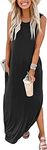 Cuptacc Women's Summer Sleeveless Maxi Dress Casual Loose Beach Sundresses Tshirt Dresses with Pockets Black XL