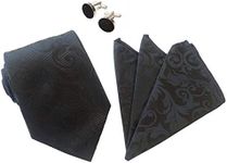 Men's 8cm Paisley Floral Jacquard Silk Tie Necktie Formal Wedding Hanky Cufflinks Set (#C01 Black)