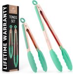 Zulay Stainless Steel Kitchen Tongs with Silicone Tips - Set of 2 (9” & 12”) Locking Cooking Tongs with Non-Slip Grip - Heat Resistant, BBQ Food Tongs for Non-Stick Cooking Pans (Rose Gold/Mint)