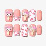 Sun&Beam Nails Handmade Press-on Medium Long Coffin White Pink False Nail Tips Hand-drawn Lollipop Design Fashionable 10 Pcs Set (#159 L)