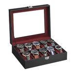 SONGMICS Watch Box with 10 Slots, Watch Case with Glass Lid, Watch Display Box with Removable Watch Pillows, Metal Clasp, Gift Idea, Black Synthetic Leather, Wine Red Lining JWB010R01