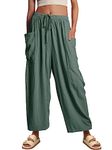 Kissfix Women's Linen Wide Leg Pants 2023 Summer Casual Loose Beach Palazzo Harem Pants, Green, Medium