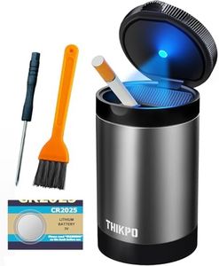 THIKPO Car Ashtray with Lid, Cup Holder Ashtray, Portable Mini Car Trash Can, Detachable Stainless Steel Smokeless Ash Tray with LED Blue Light