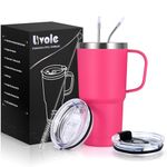 Livole 20oz Travel Mug with Handle, 600ml Insulated Tumbler with Straw and 2 Lids, Double Walled Vacuum Water Cup Bottle, Stainless Steel Thermal Travel Coffee Mugs for Cold Drinks, Rose Red