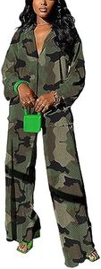 kaimimei Casual 2 Piece Outfit for Women - Linen Long Sleeve Button Down Shirt + Flare Pleated Wide Leg Pants Sets Streetwear, Camo Green, Large