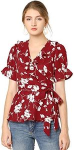 Allegra K Women's Wrap Peplum Top Blouse Tie Waist Short Sleeve Ruffle Floral V Neck Belted Shirts Red XX-Large
