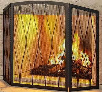 Kingson Childproof Fireplace Screen 3- Panel Modern Handcrafted Wrought Iron Foldable Metal Mesh, Heavy Duty Decorative Fireplace Spark Guard Cover for Living Room Home Decor Black Finish