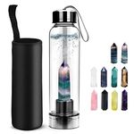 Calitch Crystal Water Bottle, Removable Natural Crystal Quartz Glass Water Bottle, Healing Natural Quartz Water Bottle BPA and BPS Free Durable, Portable Leak Proof Gemstone Bottle 550ml (Colorful Fluorite+Bottle)