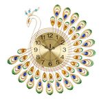 Lafocuse 23 Inch Silent Metal Large Luxury Crystal 3D Peacock Wall Clocks for Living Room Decor, Modern Art Big Mid Century Wall Clock Colorful Elegant for Home Bedroom Office Indoor