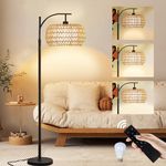 Digiray Boho Rattan Floor Lamps for Bedroom with 3 Color Temperatures, 75'' Farmhouse Arc Floor Lamp Adjustable Height with Shades/Remote Control/12W LED Bulb/360° Rotatable for Living Room, Office