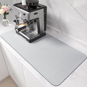 PoYang 31"x17" Coffee Mat X-Large, Coffee Bar Accessories for Countertop, Absorbent Dish Drying Mat, Anti-Slip and Hide Stain Pad for Espresso Machine, Espresso Maker and Kitchen Counter, Light Gray