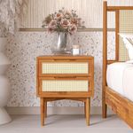 Bme Oliver Solid Wood Rattan Nightstand/Side Table/End Table, Fully Assembled, for Bohemian & Mid Century Style Bedroom and Living Room, Caramel