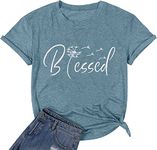 Caipudan Blessed T-Shirt for Women Cute Dandelion Graphic Tees Simple Sayings Letter Print Casual Short Sleeve Summer Cotton Tops-Blue M