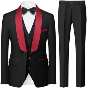 KUDORO Traje de 3 piezas para hombre, ajustado, casual, negocios, formal, cena, traje de esmoquin para hombre, blazer clásico, chaleco y pantalones, Cuello rojo, M