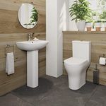 Cloakroom Suite Comfort Raised Height Close Coupled Toilet WC Dual Flush Cistern 1TH Basin Pedestal White Soft Close Seat Space Saving Modern