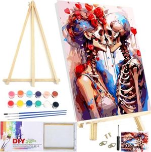 Skull Framed Paint by Numbers Kit with Wooden Easel for Adults Beginners Skeleton Acrylic Easy Paint by Number Paint by Number Kits on Canvas with Nice Gift Box 12x16in