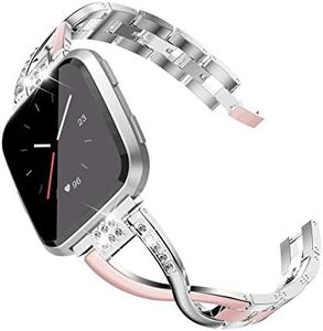 TOYOUTHS Bling Bracelet Compatible with Fitbit Versa/Versa 2 Bands for Women Stainless Steel Wristbands Replacement for Versa Lite Edition/Versa SE Accessories Dressy Metal Strap Silver+Rose Gold