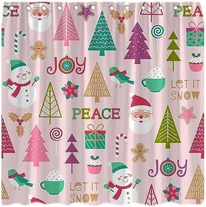 CCNSTMS Christmas Shower Curtain Cartoon Pink Santa Claus Snowman Colorful Xmas Trees Gingerbread Man Happy New Year Decor Fabric Bathroom Curtain with Hook