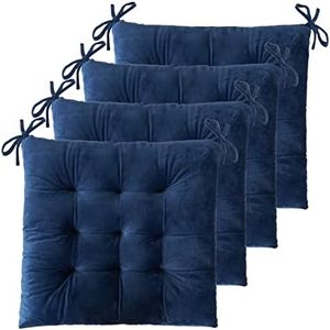 ELFJOY Set of 4 Cotton Square 16” x 16” Tufted Chair Pads Indoor Seat Cushions Pillows with Ties (Navy)