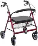 DMI Extra-Wide Heavy Duty Steel Bariatric Mobility Rollator Walker with Seat and Basket, Burgundy, Folding