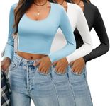 Ekouaer 3 Piece Long Sleeve Crop Tops for Women Scroop Neck Base Layer Basic Thermal Undershirts Black/White/Light Blue XS