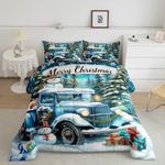 Manfei Xmas Snowy Truck Comforter Set Twin Size 2 Pcs, Snowman Pine Trees Cute Bedding Set,Romantic Snowflake Jungle Tourism Teal Blue Quilt Set for Child Bedroom,1 Pillowcase