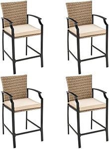 Tangkula Patio Rattan Bar Stools Set of 4, Outdoor Wicker Bar Height Chairs W/Soft Cushions, High Backrest & Curved Armrest, Convenient Footrest, Ideal for Garden, Poolside, Balcony