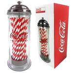 Kimm & Miller Coca Cola Glass Straw Holder & Dispenser - Official Coca Cola Gifts, Merchandise & Retro Kitchen Accessories - with 50 Striped Paper Drinking Straws