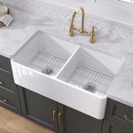 TUKTUK Farmhouse Sink Double Bowl 33 x 18 Inch 50/50 White Kitchen Sink Apron Fireclay Farm Sink Reversible Decor Fluted Undermount Kitchen Sink with Custom Bottom Grid and Sink Strainer