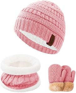 Girls Winter Hat Scarf Gloves Set for Cold Weather, Kids Beanie Hat Infinity Scarf Mittens Gloves Sets Pink Knit Thick Warm Fleece Lined Thermal Set for 2-6 Years Old Boy Baby Toddler Children