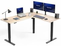 VIVO Corner Standing Desk, 63 x 55 inch Reversible L-Shaped Workstation, Electric Height Adjustment, Home, Office, and Reception Rooms, Light Wood Table Top Black Frame, DESK-E3CTBC