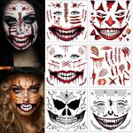 ENYACOS 6 Sheets Halloween Scary Face Tattoos For Men And Women,Skeleton Mouth Tattoo,Halloween Makeup Kits Adults,Fake Cuts Halloween Tattoos Spider Web,Halloween Costume (A)