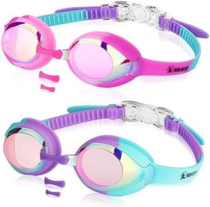 Keary 2 Pack Kids Swim Goggles Swimming Goggles for Toddler Children Girls Boys Youth, Anti-Fog Waterproof Anti-UV Clear Vision Mirror Flat Lens Water Pool Goggles with 3 Nose Piece, Pink Kids Goggles