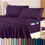 Utopia Bedding Queen Sheet Set – Soft Microfiber 4 Piece Hotel Luxury Bed Sheets with Deep Pockets - Embroidered Pillow Cases - Side Storage Pocket Fitted Sheet - Flat Sheet (Purple, Queen)