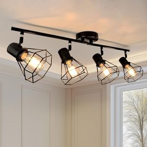 LTBLIGHT LED Track Lighting Kit, 4-Light Adjustable Ceiling Light Fixtures, Black Metal Wire Cage Farmhouse Light Fixtures for Kitchen, Bedroom, Hallway, E26 Base, Bulbs Not Included