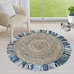 GRUHUM Round Jute Area Rug 4ft Natural Fiber Cotton Denim Blue Fringe Handmade Boho Soft Braided Rutic Vintage Eco Friendly Rugs Indoor Outdoor Kitchen Bedroom Living Hallways Enterways (4'ft Circle)