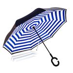 NNY Inc Double Layer Inverted Umbrella Cars Reverse Open Folding Umbrellas, Windproof UV Protection Large Self Stand Upside Down Straight Umbrella for Golf Women and Men with C-Shaped (Navy stripes)