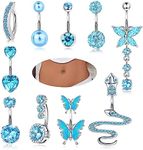 YADOCA 10Pcs 14G Belly Button Bars for Women Surgical Steel Blue Belly Bar CZ Butterfly Snake Clicker Navel Rings Belly Piercing Set Body Piercing Jewellery