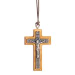 NazarethFairTrade Olive Wood Cross Metal Crucifix Necklace Handmade in Nazareth, Gifts for Men, Women, Boys, Girls, Hanging Cord, Baptism, Alpha Omega, Jesus Religious Christian Holy Land Jewelry