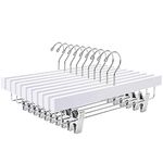 Amber Home 35.5cm White Wooden Pants Hangers 10pcs, Smooth Wood Skirt Hanger Organizer with Adjustable Anti-Slip Chrome Clips, Space Saving Solid Clothes Hangers Rack for Bottoms Jeans Slacks Trousers