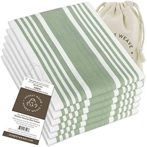 HONEST WEAVE GOTS Certified Organic Cotton Kitchen Hand and Dish Towel Sets - Oversized 20x30 inches, Fully Hemmed, in Designer Colors, 6-Pack, Sage Stripe