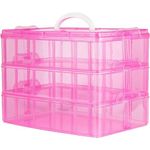 UCRAVO PINK 3-Tier Stackable Storage Container Box with 30 Adjustable Compartments, Plastic Organizer Box Transparent Storage Case for Kids Toys, Art Crafts, Jewelry, Supplies, Fuse Beads, Washi Tapes