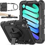 SEYMAC stock iPad Mini 6 Case, [Full-Body] Drop Proof Armor Case with 360 Rotating Stand [Pencil Holder][Screen Protector] Hand Strap for iPad Mini 6th Generation 8.3'' (Black)