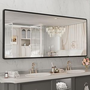 pertetey New Upgrade 72X36 Inch Wall Mounted Bathroom Mirror, Black Metal Frame Rounded Rectangle Mirror, Bathroom Vanity Mirror with Tempered Glass for Washroom Bedroom Living Room