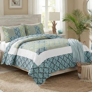 Tache Queen Patchwork Quilt - Ivy - Lightweight Floral Turquoise Blue Aqua Patchwork Queen Size Quilts for Bed Reversible Quilted Coverlet Quilt Queen Size 94 x 94 Inch