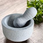 EZAHK Stone Mortar and Pestle Set for Spices,Masher, Khalbatta, Kharal, Mixer, Natural & Traditional Grinder and Musal, Well Design for Kitchen, Home, Herb (8.5 in) - Kitchen Tools