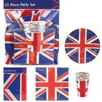 Union Jack King Charles Coronation British Royal Event 2023 Party Set| Bunting Banner, Paper Cups Plates Napkins, Table Cover, Car Window Flag, Party Blowers| Indoor/Outdoors (25 Pcs Party Set)