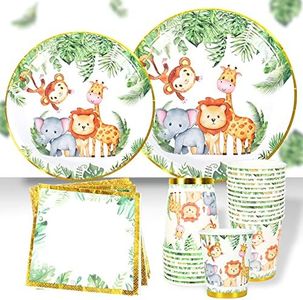 Jungle Safari Tableware Set Party Supplies, Green Party Decorations with Animals Party Disposable Tableware Dinnerware Paper Plates Napkins Cups for 24 Guests, Baby Shower, Birthday Party Decoration